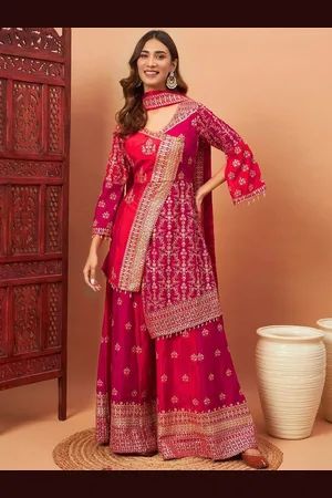 Chhabra 555 Floral Embroidered Angrakha V-Neck Straight Kurta With Palazzos And Dupatta
