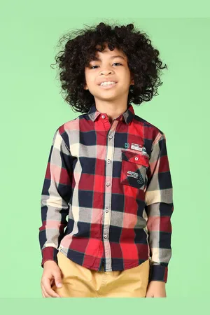 V-Mart Boys Spread Collar Windowpane Checked Cotton Casual Shirt