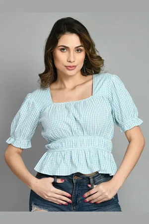 DressBerry Women Checked Puff Sleeve Cotton Peplum Crop Top
