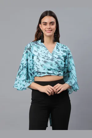 DressBerry Women Printed Bell Sleeve Chiffon Crop Top