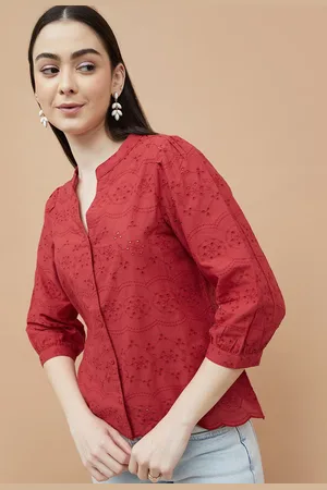 Lifestyle Women Pure Cotton Self Design Puff Sleeve Cotton Top