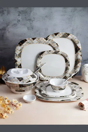 Aura White & Black 47 Pieces Bricked Printed Glossy Dishwasher Safe Dinner Set