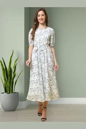 Mast & Harbour Women Floral Printed Puff Sleeve Georgette Fit & Flare Midi Dress