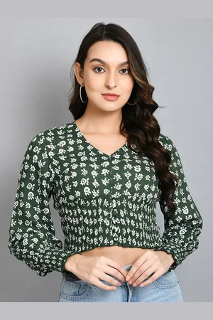 DressBerry Women Floral Printed V-Neck Smocking Cuff Sleeve Fitted Crop Top