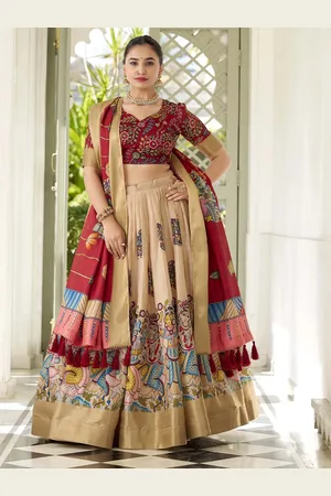 LOOKNBOOK ART Kalamkari Printed Ready to Wear Lehenga & Unstitched Blouse With Dupatta