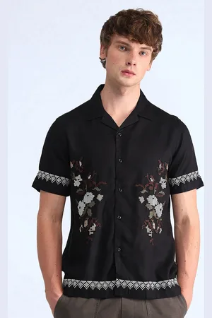 Flying Machine Men Cuban Collar Floral Printed Cotton Casual Shirt
