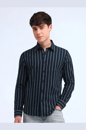 Flying Machine Men Slim Fit Spread Collar Vertical Striped Cotton Casual Shirt