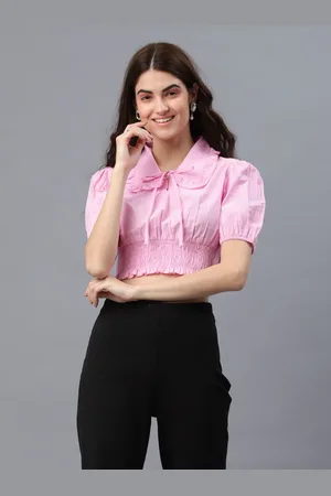 DressBerry Women Tie-Up Neck Pure Cotton Cinched Waist Crop Top