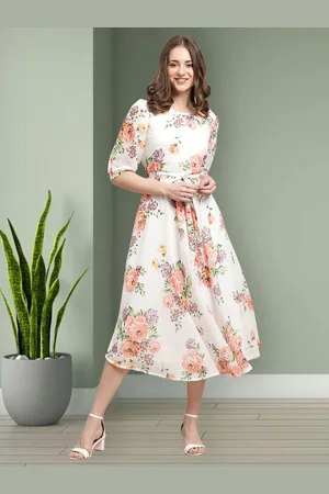 Mast & Harbour Women Floral Printed Puff Sleeve Fit & Flare Midi Dress With Belt