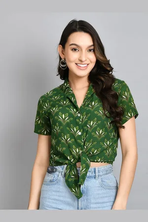 DressBerry Women Floral Printed Shirt Collar Crop Top