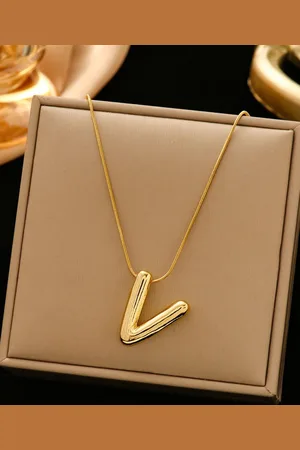 DIVASTRI Gold-Plated Anti-Tarnish V Initial Alphabet Stainless Steel Pendant With Chain