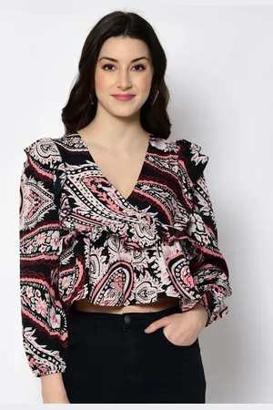 DressBerry Women Printed Puff Sleeve Crepe Crop Top