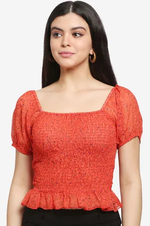 DressBerry Women Abstract Printed Georgette Smocked Peplum Crop Top