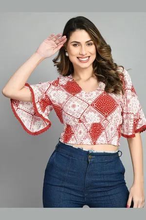DressBerry Ethnic Motifs Printed V-Neck Flared Sleeves Fitted Crop Top