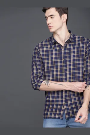 WROGN Men Navy Blue & Mustard Yellow Slim Fit Checked Casual Shirt