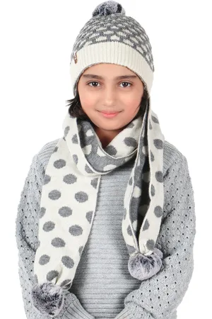 Bharatasya Girls Set of Pom Pom knitted Winter Cap and Muffler