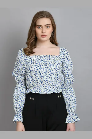 DressBerry Women Floral Printed Square Neck Puff Sleeve Crop Top