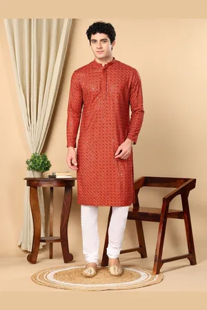 TATTVA Floral Embroidered Mandarin Collar Sequinned Pure Cotton Straight Kurta With Pyjama