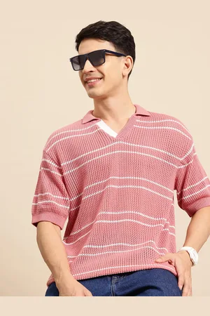Mast & Harbour Open-Knits Self-Striped Polo Collar T-shirt