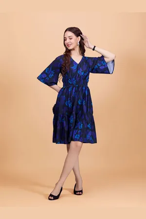 DressBerry Women Blue Floral Print Crepe Above Knee Dress