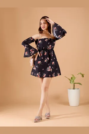 DressBerry Women Black Flower Print Poly Rayon Mini Dress
