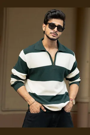 Powerlook Men Striped Polo Collar Cotton Relaxed Fit T-shirt
