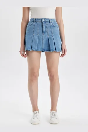 DeFacto Mid Rise Pleated Pure Cotton Denim Mini Skirts