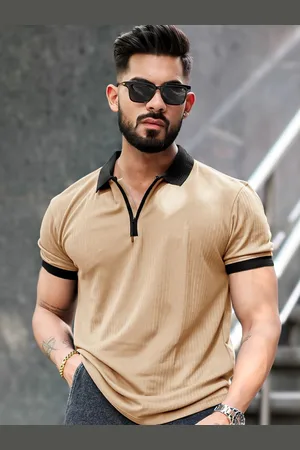 Maniac Men Solid Polo Collar Cotton T-shirt