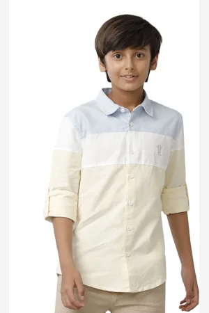 UNDER FOURTEEN ONLY Boys Spread Collar Vertical Striped Cotton Casual Shirt