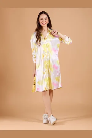 DressBerry Women White Tie-Dye Poly Satin Knee Long Dress