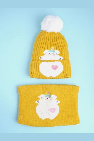 Little Surprise Box LLP Kids Bear Themed Beanie With Matching Neck Cuff Style Muffler