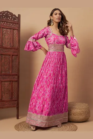 Chhabra 555 Bandhani Print Pleated Gown Maxi Ethnic Dresses With Dupatta