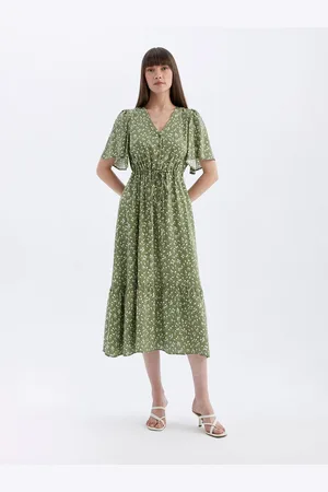 DeFacto Women Floral Print V-Neck Flared Sleeve Fit & Flare Midi Dress
