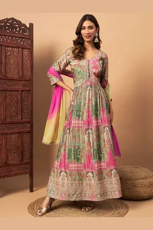 Chhabra 555 Digital Print Pleated Gown Maxi Ethnic Dresses With Ombre Dupatta