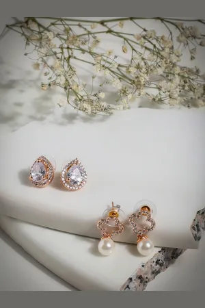 DressBerry Set Of 2 Gold-Plated American Diamond Studded Contemporary Shaped Drop Earrings