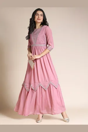 MADHURAM Pink & Gold-Toned Chiffon Ethnic Maxi Dress