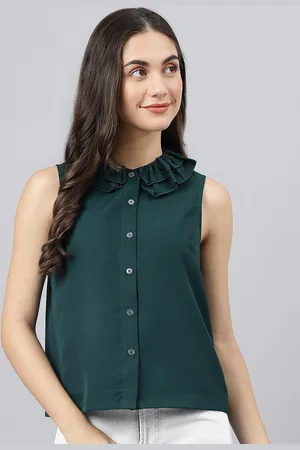 DEEBACO Women Green Peter Pan Collar Shirt Style Top