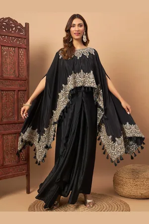 Chhabra 555 Crepe Silk Zari Embroidered Tassel Crop Top & Skirt With Kaftan