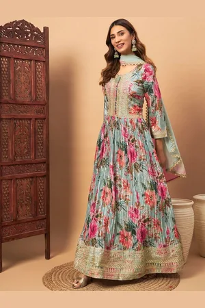 Chhabra 555 Print Pleated Gown Maxi Ethnic Dresses With Ombre Laced Dupatta