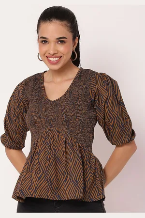 Moomaya Women V-Neck Puff Sleeve Cotton Peplum Top