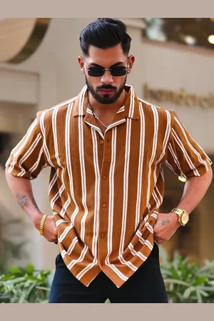 Maniac Men Comfort Oversized Fit Cuban Collar Vertical Striped Cotton Casual Shirt