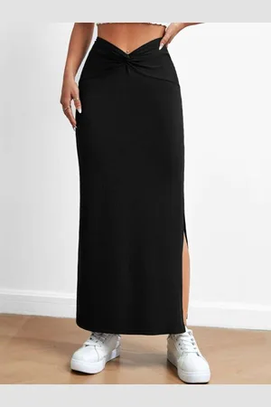 HERE&NOW Women Solid Knitted A-Line Maxi Skirt With Side Slit