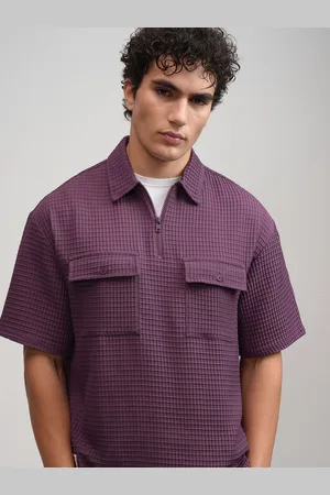 Highlander Men Popcorn Textured Solid Polo Collar Oversized Shirt