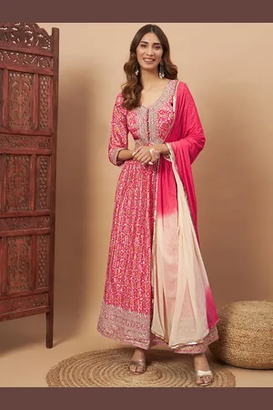 Chhabra 555 Printed Pleated Gown Maxi Ethnic Dresses With Ombre Laced Dupatta