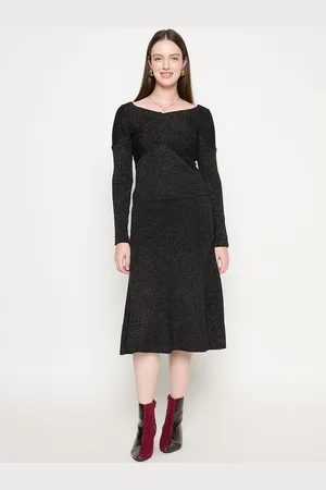 MADAME Women Boat Neck Fit & Flare Midi Dress