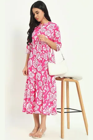 Kalini Women Mandarin Collar Floral Print Empire Midi Dress