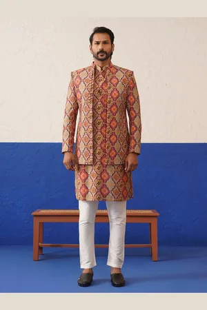 TheEthnic.Co Men Embroidered Short Jacket with Printed Kurta set