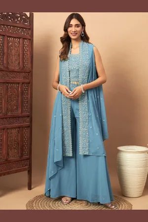 Chhabra 555 Aari Embroidered Sequined Georgette Crop-Top With Palazzo & Long Shrug