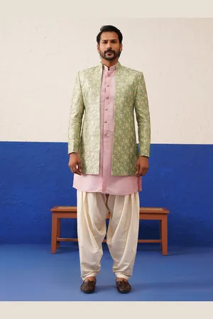 TheEthnic.Co Men Sage Green Floral Embroidered Indo Sherwani Set