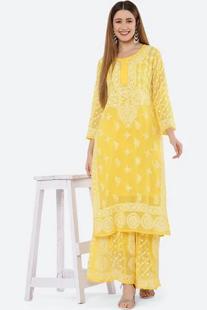 FAWOMENT Yellow Ethnic Motifs Embroidered Chikankari Kurta with Sharara